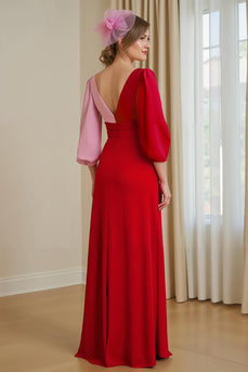 Red V-Neck Chiffon A Line Long Mother of the Bride Dress with Sleeves