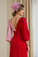 Load image into Gallery viewer, Red V-Neck Chiffon A Line Long Mother of the Bride Dress with Sleeves