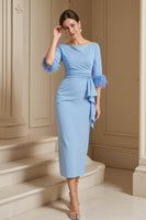 Load image into Gallery viewer, Light Blue Satin Sheath Boat Neck Midi Wedding Guest Dress