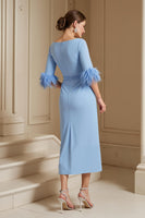 Load image into Gallery viewer, Light Blue Satin Sheath Boat Neck Midi Wedding Guest Dress