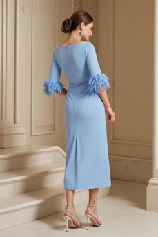 Light Blue Satin Sheath Boat Neck Midi Wedding Guest Dress