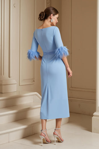 Light Blue Satin Sheath Boat Neck Midi Wedding Guest Dress