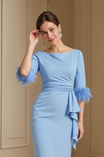 Light Blue Satin Sheath Boat Neck Midi Wedding Guest Dress