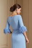 Load image into Gallery viewer, Light Blue Satin Sheath Boat Neck Midi Wedding Guest Dress