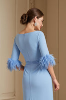 Load image into Gallery viewer, Light Blue Satin Sheath Boat Neck Midi Wedding Guest Dress