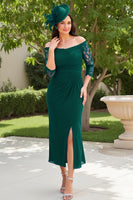Load image into Gallery viewer, Pine Green Sheath Off The Shoulder Long Wedding Guest Dress with Slit