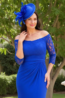 Load image into Gallery viewer, Pine Green Sheath Off The Shoulder Long Wedding Guest Dress with Slit