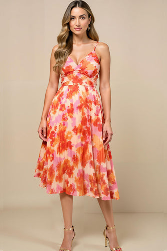 Sunset Spaghetti Straps Midi Floral Chiffon Formal Dress