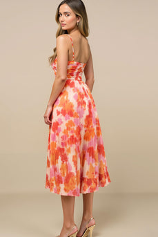 Sunset Spaghetti Straps Midi Floral Chiffon Formal Dress