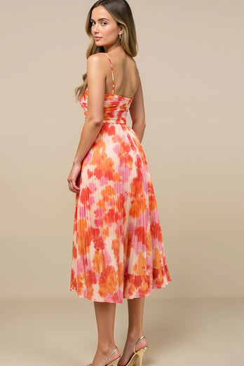 Sunset Spaghetti Straps Midi Floral Chiffon Formal Dress