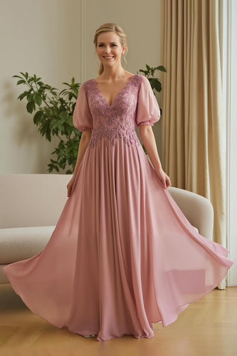Dusty Rose Chiffon A Line Appliqued Long Mother of the Bride Dress