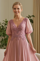 Load image into Gallery viewer, Dusty Rose Chiffon A Line Appliqued Long Mother of the Bride Dress