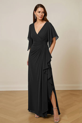 Dark Green V-Neck Chiffon Sheath Ruched Long Mother of the Bride Dress