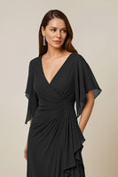 Load image into Gallery viewer, Dark Green V-Neck Chiffon Sheath Ruched Long Mother of the Bride Dress