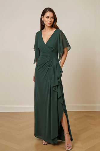 Dark Green V-Neck Chiffon Sheath Ruched Long Mother of the Bride Dress
