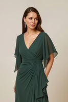 Load image into Gallery viewer, Dark Green V-Neck Chiffon Sheath Ruched Long Mother of the Bride Dress