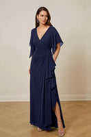 Load image into Gallery viewer, Dark Green V-Neck Chiffon Sheath Ruched Long Mother of the Bride Dress