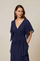 Load image into Gallery viewer, Dark Green V-Neck Chiffon Sheath Ruched Long Mother of the Bride Dress