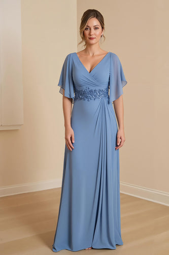 Dusty Blue Chiffon A-Line Long Mother of the Bride Dress with Appliques