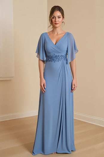 Dusty Blue Chiffon A-Line Long Mother of the Bride Dress with Appliques