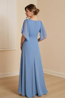 Dusty Blue Chiffon A-Line Long Mother of the Bride Dress with Appliques