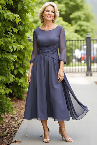 Steel Grey Chiffon A Line Boat Neck Long Mother of the Bride Dress
