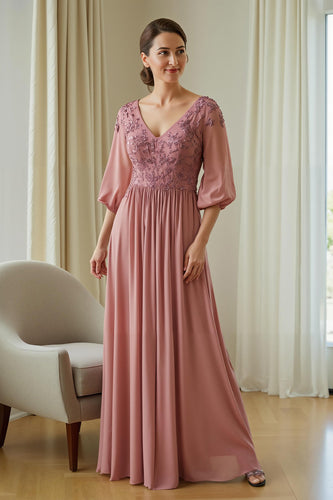 Dusty Rose Chiffon Appliqued Long A-Line Mother of the Bride Dress