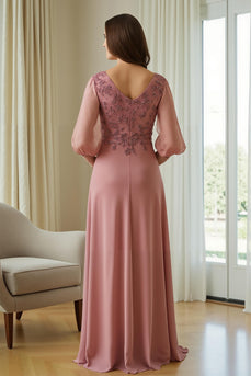 Dusty Rose Chiffon Appliqued Long A-Line Mother of the Bride Dress