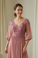 Load image into Gallery viewer, Dusty Rose Chiffon Appliqued Long A-Line Mother of the Bride Dress