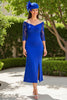 Load image into Gallery viewer, Royal Blue Off the Shoulder Satin Sheath Mother of the Bride Dress with Lace