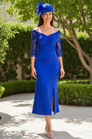 Load image into Gallery viewer, Royal Blue Off the Shoulder Satin Sheath Mother of the Bride Dress with Lace