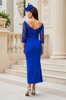 Load image into Gallery viewer, Royal Blue Off the Shoulder Satin Sheath Mother of the Bride Dress with Lace