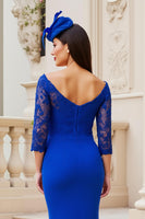 Load image into Gallery viewer, Royal Blue Off the Shoulder Satin Sheath Mother of the Bride Dress with Lace
