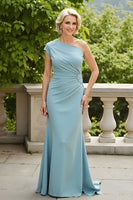 Load image into Gallery viewer, Light Blue One Shoulder Sheath Long Mother of the Bride Dress with Appliques