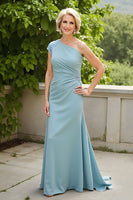 Load image into Gallery viewer, Light Blue One Shoulder Sheath Long Mother of the Bride Dress with Appliques