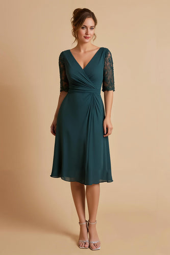 Pine Chiffon Ruched A Line Midi Mother of the Bride Dress