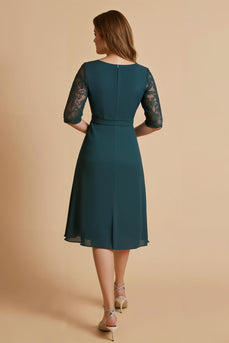 Pine Chiffon Ruched A Line Midi Mother of the Bride Dress