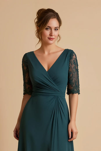 Pine Chiffon Ruched A Line Midi Mother of the Bride Dress