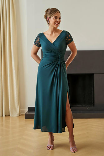 Pine V-Neck Ruched Long Mother of the Bride Dress with Slit
