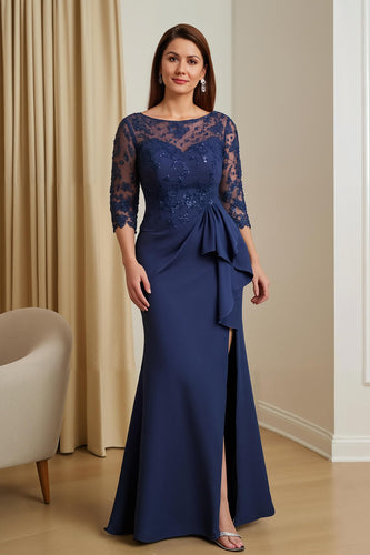 Navy Satin Illusion Neck Mermaid Long Mother of the Bride Dress with Slit