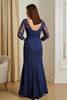 Load image into Gallery viewer, Navy Satin Illusion Neck Mermaid Long Mother of the Bride Dress with Slit