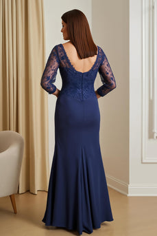Navy Satin Illusion Neck Mermaid Long Mother of the Bride Dress with Slit