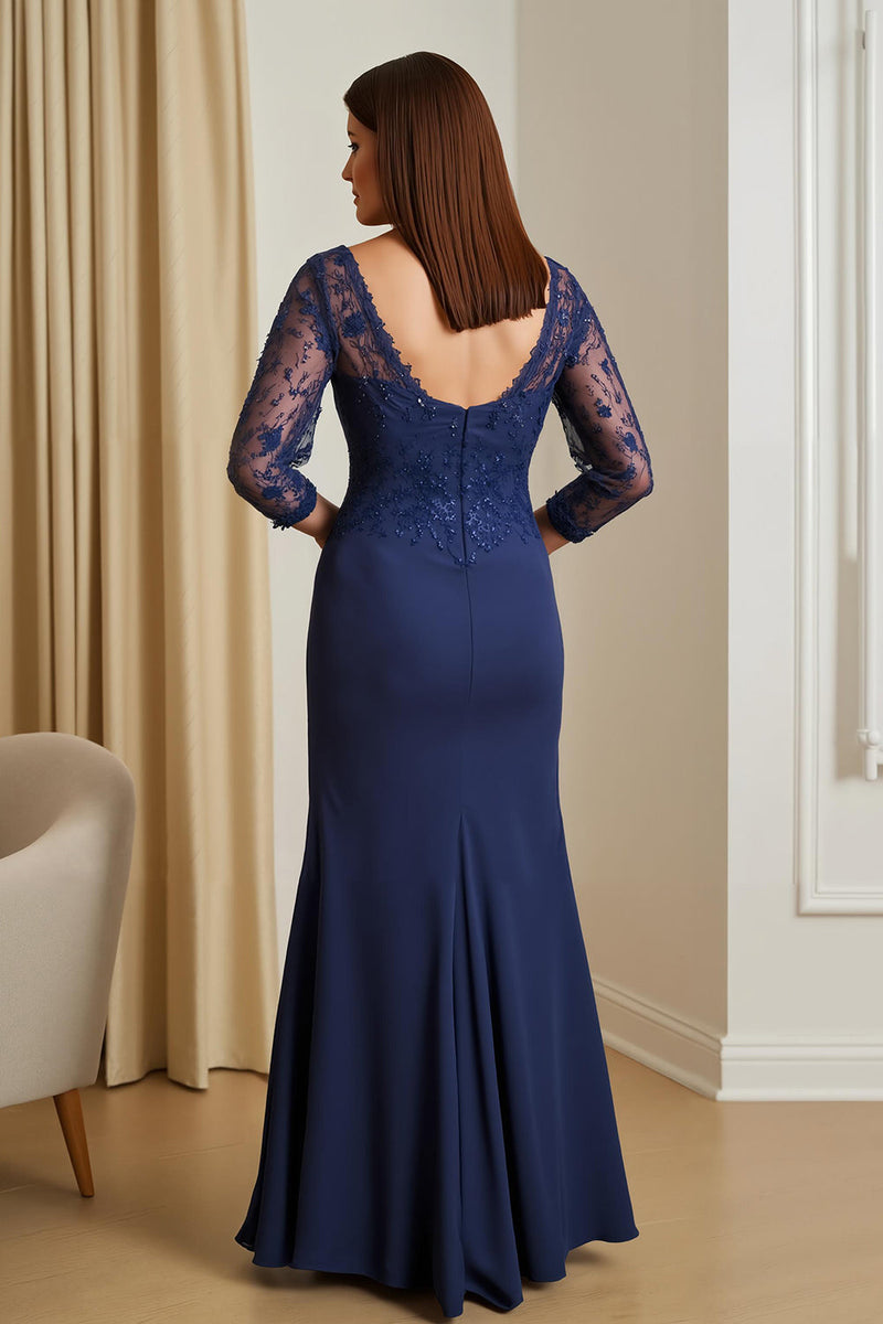 Load image into Gallery viewer, Navy Satin Illusion Neck Mermaid Long Mother of the Bride Dress with Slit