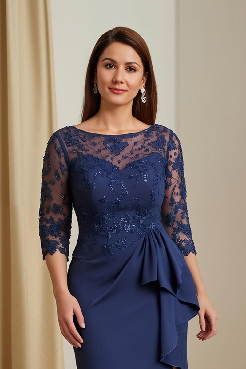 Load image into Gallery viewer, Navy Satin Illusion Neck Mermaid Long Mother of the Bride Dress with Slit