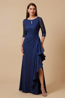 Load image into Gallery viewer, Navy Round Neck Sheath Long Mother of the Bride Dress with Lace Sleeves