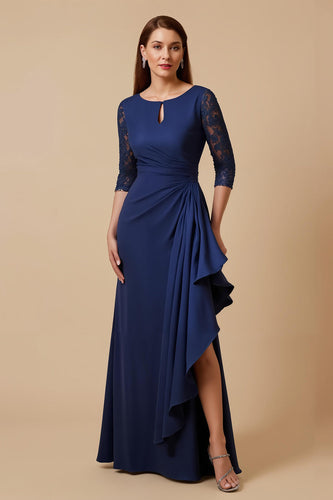 Navy Round Neck Sheath Long Mother of the Bride Dress with Lace Sleeves
