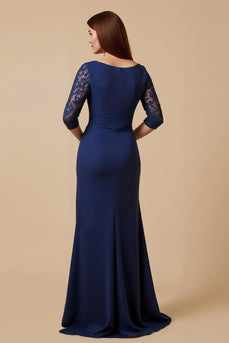 Navy Round Neck Sheath Long Mother of the Bride Dress with Lace Sleeves