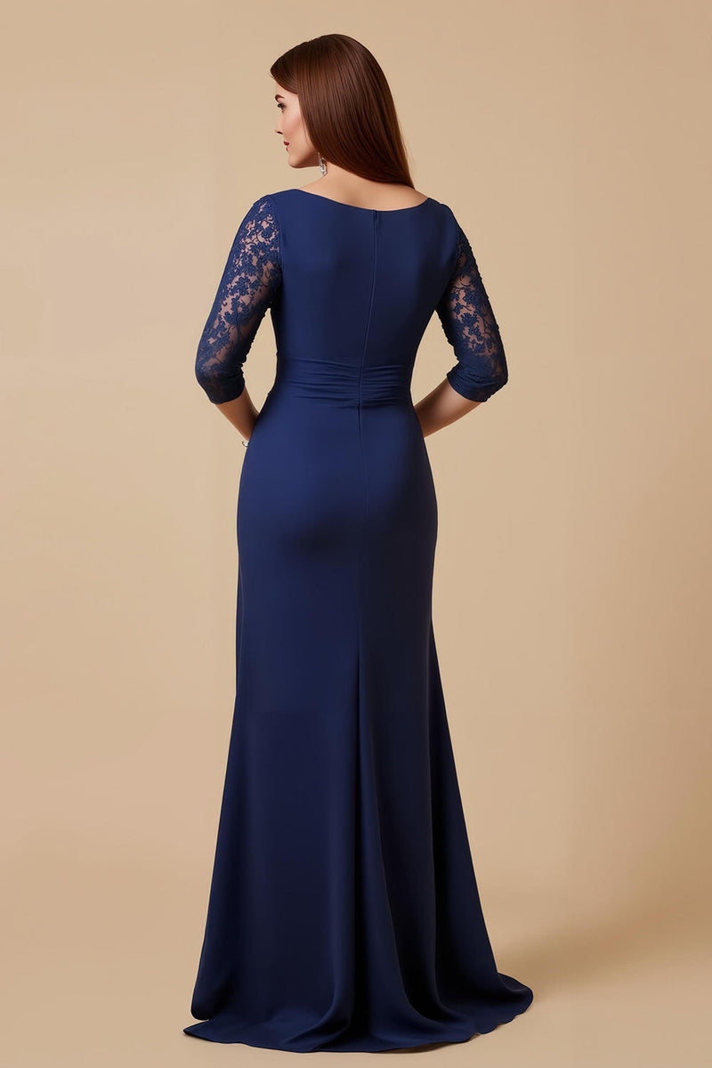 Load image into Gallery viewer, Navy Round Neck Sheath Long Mother of the Bride Dress with Lace Sleeves