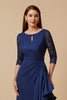 Load image into Gallery viewer, Navy Round Neck Sheath Long Mother of the Bride Dress with Lace Sleeves