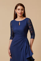 Load image into Gallery viewer, Navy Round Neck Sheath Long Mother of the Bride Dress with Lace Sleeves